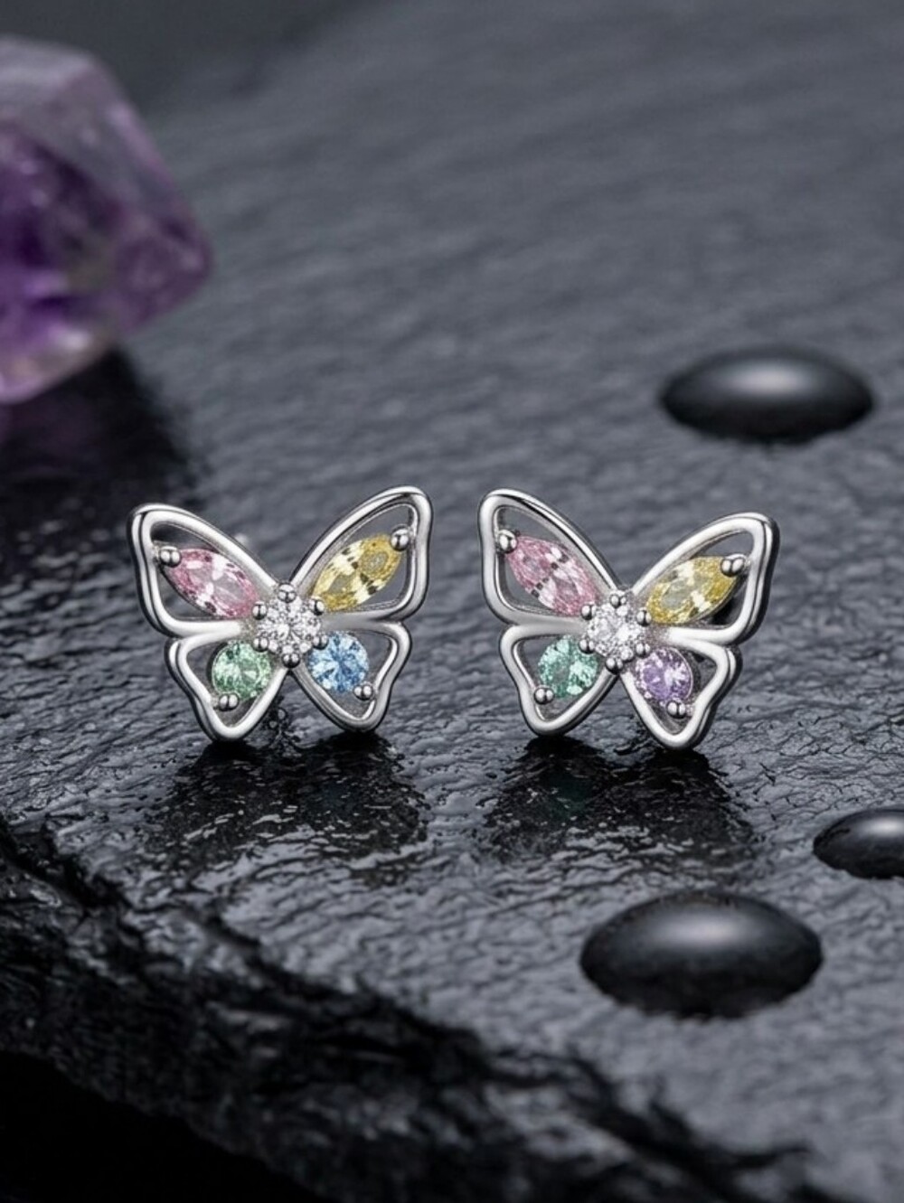 925 Sterling Silver Multicolor CZ Butterfly Stud Earrings Pastel 0.3"